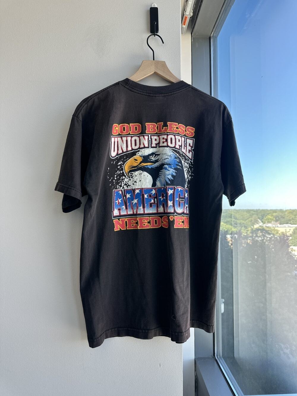 Vintage God Bless Union People America Needs Em Black T-shirt Bald Eagle Sz L